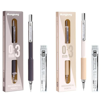 2 Pack 0.3 mm Metal Mechanical Pencils Set,Lead Drafting Pencil with 2 Tube Lead Refills for Art Writing, Sketching Drawing - size: 0.3mm