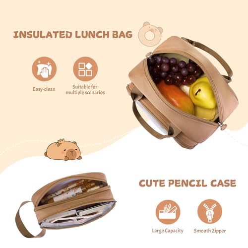 Capybara Rolling Backpack for Girls - 3PCS Girls Backpack Kids Suitcase with Lunch Box & Pencil Case Travel - Capybara Backpack with Wheels for Kindergarten Preschool Elementary (Brown) - color: Brown
