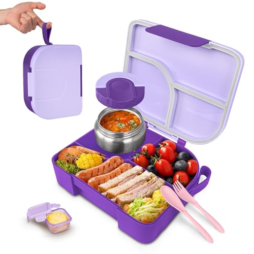 Lunch Box with Thermo Jar, Large-Capacity 3-Compartment Bento Box, Purple | 10% More Capacity for Balanced Portions, Portable Handle for Easy Carry, Dishwasher Safe, Ideal for School & Travel - color: Purple