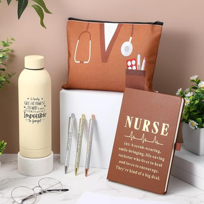 6 Pcs Nurse Gifts Set for Women Men, Rn Appreciation Gift for Nurses Week Christmas Graduation Thanksgiving, 16oz Vacuum Insulated Water Bottle, Makeup Bag, Notebook, Ballpoint Pens(Yellow) - color: Yellow
