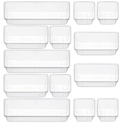 12 Piece Clear Drawer Organizer Set, 3 Sizes Bathroom Vanity Organizer Trays and Storage Bins for Makeup, Cosmetics, Jewelry, and Gadgets. Perfect for Office, Kitchen, Bedroom, Bathroom Use. - size: 12pcs-3size