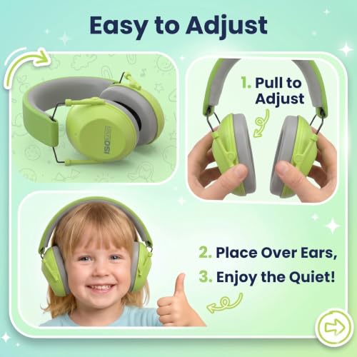 ISOtunes JUNIOR DEFENDER Noise Cancelling Headphones for Kids, 20 dB Kids Ear Protection Ear Muffs for Noise Reduction - color: Kids Green