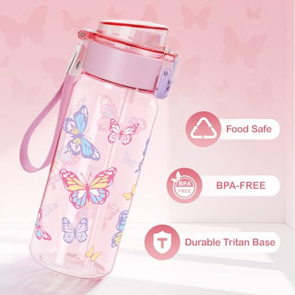 Tritan Kids Water Bottle for School, 18.6 oz Leakproof 2-in-1 Toddler Water Bottle with a Pop-up Detachbale Straw, Dishwasher Safe (Butterfly) - color: Butterfly