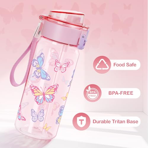 Tritan Kids Water Bottle for School, 18.6 oz Leakproof 2-in-1 Toddler Water Bottle with a Pop-up Detachbale Straw, Dishwasher Safe (Butterfly) - color: Butterfly