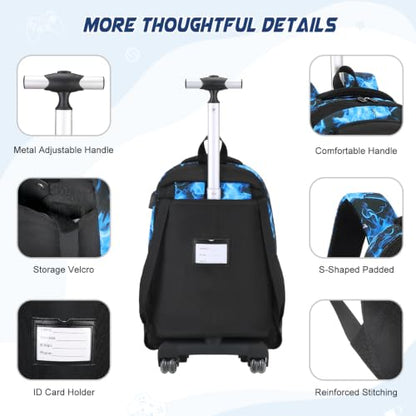 Scothen 3PCS Rolling Backpack for Boys, Cool Gamer Roller Backpack with Wheels, Kids Boy Wheeled Backpacks with Lunch Bag Pencil Case for Teens Bookbag Kindergarten Elementary Middle School - color: Blue Flame
