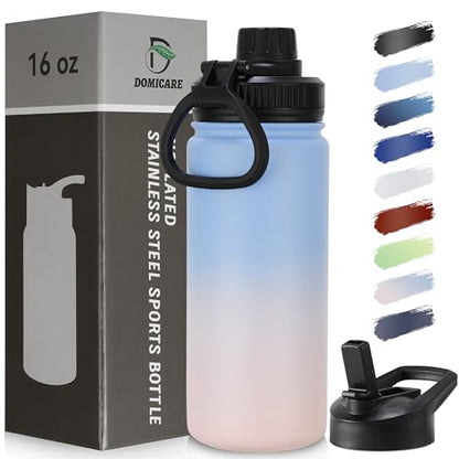DOMICARE 16 oz Kids Water Bottle for School Stainless Steel Double Wall Vacuum Insulated Water Bottle with Straw lids & Spout Lid, Leakproof BPA Free (Blue/Pink,1) - color: Blue/Pink, size: 16 Ounces