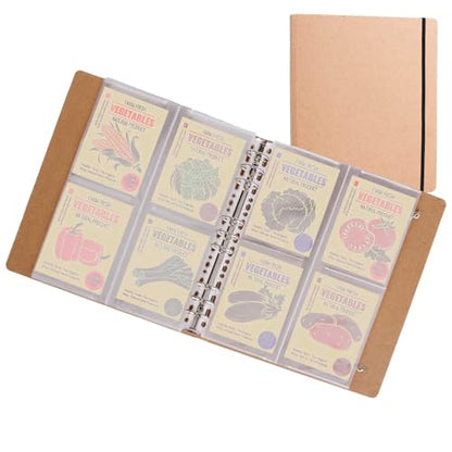 PABCK 100 Pockets Kraft Paper Binder Sheet for Seeds Envelope Photo Sleeves | Garden Seed Packets Organize Book 4 Side Loading (Slot Size 3.62x5.19 inch) Plastic Clear 25 Sheet Album Card Photo Protector