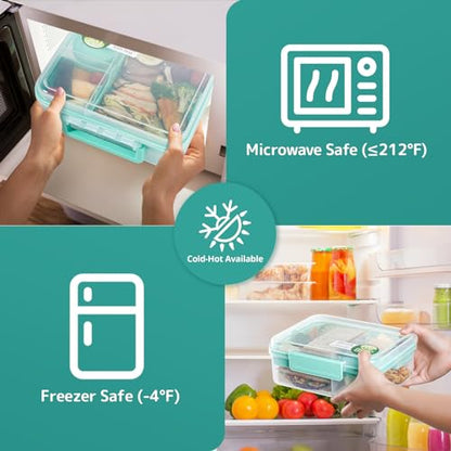 Meal Prep Containers Reusable, Snackle Box Container Bento Box Adult, Bento Lunch Box with 2 Removable Trays, and Salad Dressing Container, 55.75 oz/1.65L Size (Minty Teal/55.75 oz) - color: Minty Teal/55.75 oz