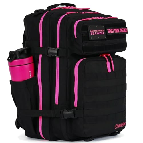 WOLFpak 45L Athletic Gym Backpack - Durable 1000D Waterproof Oxford Material with MOLLE Webbing, Laptop Pocket - color: Neon Pink