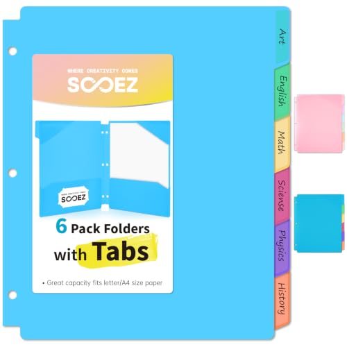 Sooez Plastic Folders with Pockets and Tabs, 6 Pack Pocket Folders with Writable Label Stickers, Fits 3-Ring Binder, Holds Letter/A4 Size Paper, Back to School Office Filing Supplies, Bright Colors - color: Bright Colors