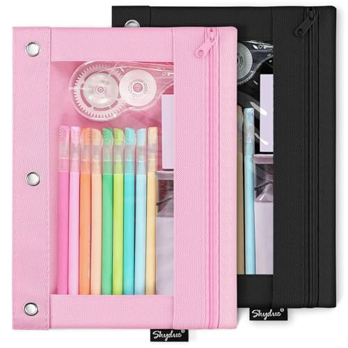 SKYDUE Pencil Pouch for 3 Ring Binder, 3 Ring Zipper Pencil Case with Clear Window, Large Binder Pencil Pouch with Grommets, Three Hole Pencil Holder for School(2 Pack) - color: Pink&black
