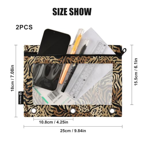 Gredecor 3 Ring Binder Pencil Pouch, Modern Leopard Brown Zippered Pen Case Pouches with Clear Window, 2 Pack Stylish Office & School Supplie - color: Modern Leopard Brown