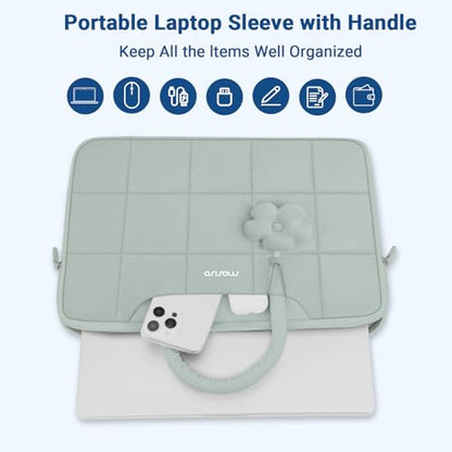MOSISO Laptop Case 13.3 inch,13-13.3 inch Puffy Laptop Sleeve Compatible with MacBook Neo 13/Air 13 13.6/Pro/Pro 14,HP Dell ASUS Lenovo,Rectangle Quilted Bag with Handle&Flower Pendant, Antique Green - color: Antique Green, size: 13.3 inch