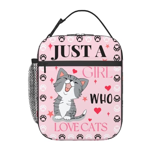 Cute Cat Pink Lunch Bag Large Capacity Heat Insulated Lunch Box, Just A Girl Who Loves Cats Leakproof Durable Portable Reusable Handbags Thermal Cooler Tote Bag for School - color: Cute Cat