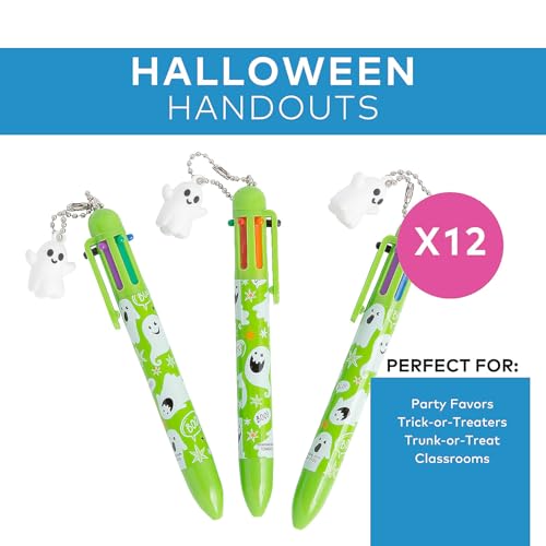 Fun Express Halloween Pens Multicolor Pen 12 Pack - Ghost Charm Shuttle Pens with 6 Color Ink | Halloween Classroom Gifts Bulk for Kids Students Teachers | Halloween Office Supplies Party Favors