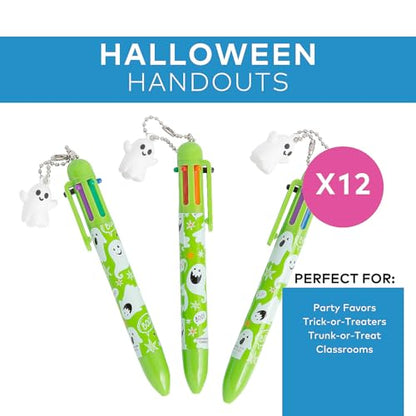 Fun Express Halloween Pens Multicolor Pen 12 Pack - Ghost Charm Shuttle Pens with 6 Color Ink | Halloween Classroom Gifts Bulk for Kids Students Teachers | Halloween Office Supplies Party Favors