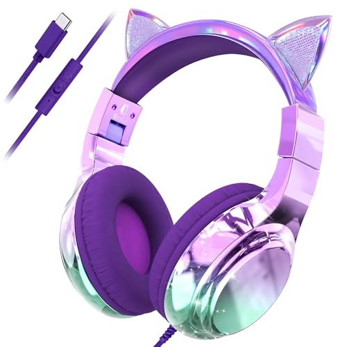QearFun Kids Cat Ear Headphones with USB C for Girls with Microphone, 85/94dB Safe Volume Limiter, Tangle-Free Cord, Share Port, Foldable Sparkly Wired Headset for School, Travel, Tablet, iPad - color: Purple cat ears