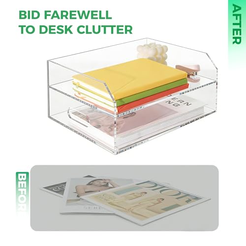 Paper Tray Organizer for Desk, 2 Tier Acrylic Desk Organizers and Accessories, One-Piece Integrated A4 Paper Organizer with Handles, Crystal-Clear Letter Tray & Compact Office File Holder - size: 2-Tier-Horizontal