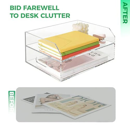 Paper Tray Organizer for Desk, 2 Tier Acrylic Desk Organizers and Accessories, One-Piece Integrated A4 Paper Organizer with Handles, Crystal-Clear Letter Tray & Compact Office File Holder - size: 2-Tier-Horizontal