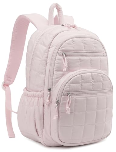 Bookbag for Women, Teen Girls Backpack for High School College Student, Puffer Quilted Back Pack Cute Laptop Backpack 17.3in for Work Travel Mom Casual, Pink - color: Pink, size: 17.3in