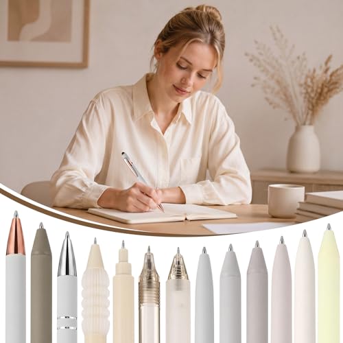 Dunzoom 13 Pack 0.5mm Black Ink Gel Pens 1.0mm Ballpoint Pen Retractable Fine Point Neutral Pens Bulk Quick Dry Smooth Writing for Back to School Office Supplies Note Taking Meeting(Beige) - color: Beige