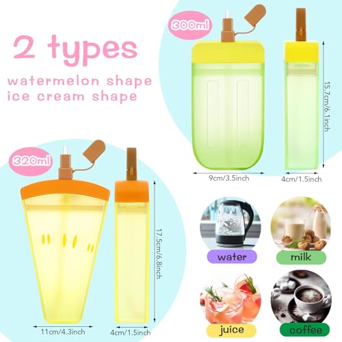 Patelai 8 Pcs Cute Water Bottles with Straw Kawaii Watermelon Ice Cream Cups Leak Proof Drinking Bottles with Adjustable Shoulder Strap for Sports Travel Camping(Classic Style) - style: Classic