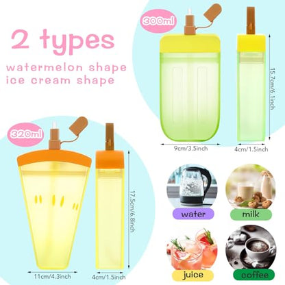 Patelai 8 Pcs Cute Water Bottles with Straw Kawaii Watermelon Ice Cream Cups Leak Proof Drinking Bottles with Adjustable Shoulder Strap for Sports Travel Camping(Classic Style) - style: Classic