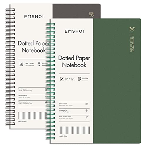 EMSHOI Dotted Spiral Journal Notebook, 2 Pack, 320 Pages, B5 (7.4" x 10") | 100 GSM Thick Paper, Flexible Plastic Cover, for Journaling, Planning, Tracking & Sketching (Brown & Green) - color: Brown Green, style: B5-Dotted