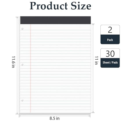 HAUTOCO 2 Pack 8.5 x 11 Legal Pads White Wide Ruled Notepads Perforated Writing Pads, 30 Sheets Per Notepad, 3-Hole Punched Paper, Writing Note Pads for School, Home, Office, Business - color: White