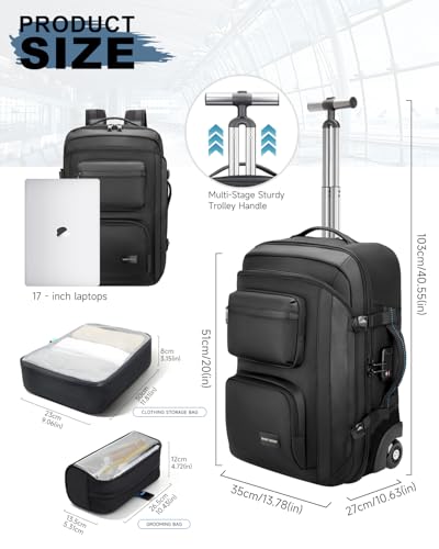 Carry on backpack with wheels, Rolling backpack with Dry-Wet Pocket, TSA Lock, Laptop Compartment, Water-Resistant for Men Women, Work, Air Travel（3-Piece Set-Includes Toiletry & Storage Bag） - color: Black-two
