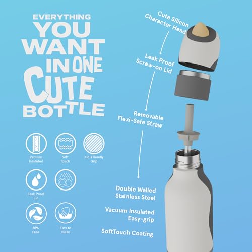 asobu Bestie Bottle Insulated Stainless Steel Water Bottle with Detachable Soft Animal Head Fun Drinking For Kids and Teens with Flexible Reusable Straw 16 Ounce (Penguin) - color: Penguin