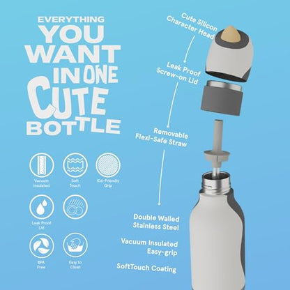 asobu Bestie Bottle Insulated Stainless Steel Water Bottle with Detachable Soft Animal Head Fun Drinking For Kids and Teens with Flexible Reusable Straw 16 Ounce (Penguin) - color: Penguin
