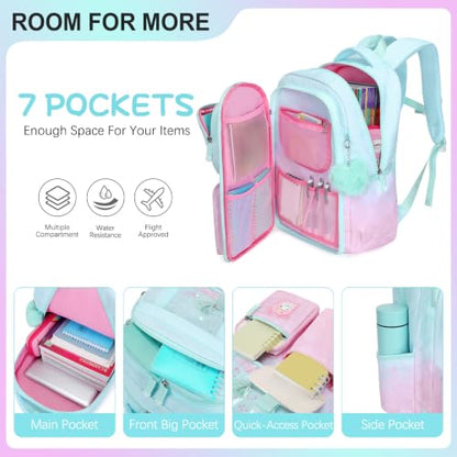 Jafeton Backpacks for Girls, Girls Backpack with Insulated Lunch Bag and Pencil Case for Kids Teens Elementary Middle High School Student, Cute Bow School Bag Travel Daypacks Book Bag Set - color: Pink Green