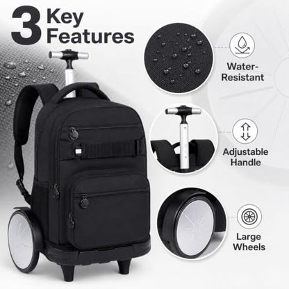 3Pcs Large Rolling Backpack for Teen Boys Men, 20 Inch Detachable Wheeled Bookbag with Lunch Box, Durable Oxford Cloth Roller Backpack for College School Travel (Black) - color: Large Wheels Classic Black