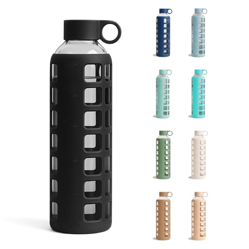 purifyou 40oz / 32oz / 22oz / 12oz Borosilicate Glass Water Bottle with Time & Volume Markers, Silicone Sleeve, Stainless Steel Lid | Reusable Glass Bottle for Water & Juice (32oz Jet Black) - color: Jet Black (1 Count), size: 32 Ounces