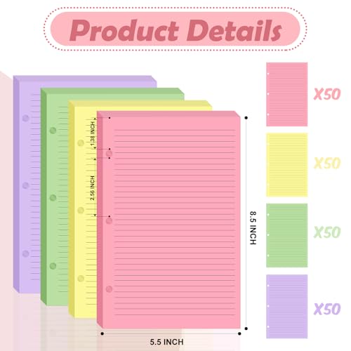 200 sheet Half Letter Lined Paper 3 Hole Punch 5-1/2 x 8-1/2 College Ruled Loose Leaf Notebook Paper Lined Refills Paper Colored Wide Ruled Paper Mini Binder Paper Fits 3 Ring Binders For Office - style: Lined