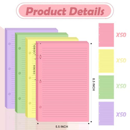 200 sheet Half Letter Lined Paper 3 Hole Punch 5-1/2 x 8-1/2 College Ruled Loose Leaf Notebook Paper Lined Refills Paper Colored Wide Ruled Paper Mini Binder Paper Fits 3 Ring Binders For Office - style: Lined