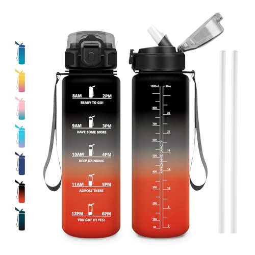Water Bottle 1 L, with Time Marking & Straw, Sports Water Bottle for Gym, Bike, Office, Outdoor, Adults, School - color: Black and Red, size: 33.8 Ounces