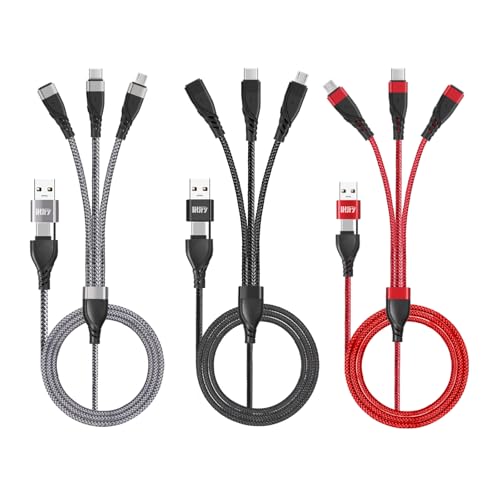 3-in-2 Charging Cable USB A/C to Phone USB-C/Micro Cable 4ft 3Pack | 2 inputs (USB-A/USB-C) to 3 outputs (Phone,USB-C, Micro) 3A Nylon braided Universal for Phone Samsung and more all devices.