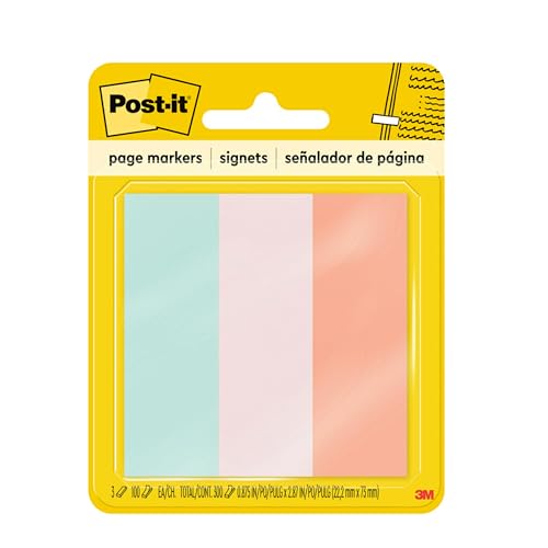 Post-it Page Markers, 0.875 x 2.875 in, Assorted Colors, 3 Pads | Ideal for Temporary Marking and Noting In Books - size: 0.5" x 3.8"