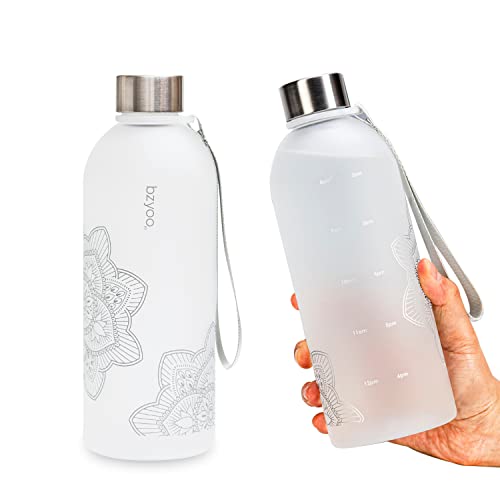 bzyoo 32 OZ 1 Liter Time Marker Water Bottle Frosted Durable Plastic With Strap - Reusable Clear Bottle With Times To Drink Time Markings For Daily Hydration Intake BPA Free (Silver) - color: Silver