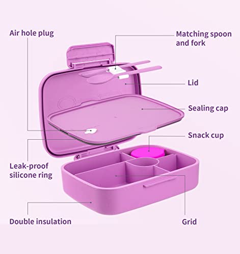 Bento Lunch Box with Kids/Adults, 5 Compartments Leakproof Lunch Container with Dressing Cup, Eco-Friendly Double Insulated Boxes, Dishwasher and Microwave Safe, BPA-Free (purple) - color: Purple