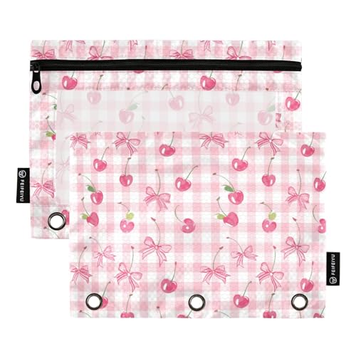 Binder Pencil Pouches Bow and Cherry Pen Case | Clear Window 3 Rings, Cosmetic Bags School Office Supplies Cosmetic Makeup Bag 2 Psc - color: Multi-cherry Plaids