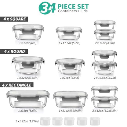 AMALEKO 34pc Glass Food Storage Containers with Lids Set, Airtight Glass Meal Prep Containers, Leak Proof Lunch Container BPA-Free, Microwave, Oven, Freezer, Dishwasher Safe-Gray - color: Gray