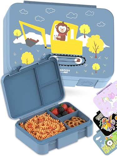 BEARFOOT Kids Lunch Box with Compartments – Compact & Lightweight | Leak-Proof, BPA-Free, Dishwasher Safe | Hand-Drawn Design for Preschool, School, Travel (Excavator Monkey Blue, 4 Cups) - color: ExcavatorMonkey-Blue, size: 4 Cups