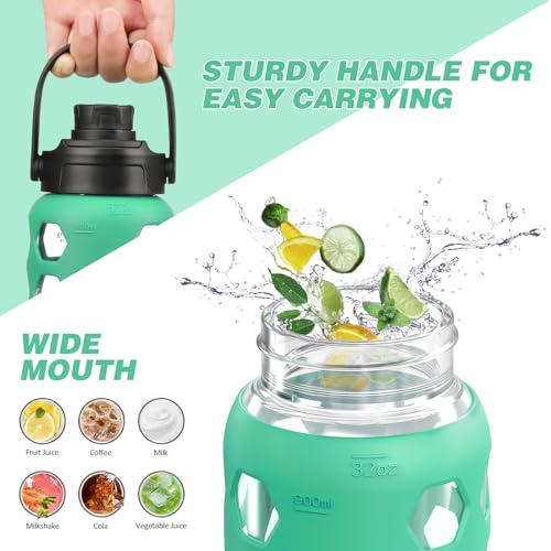 MUKOKO Glass Water Bottle, 32oz, Green | Glass Tumbler with Straw, Drinking Bottles with 2 Lids-Handle Spout Lid & Bamboo Straw Lid, Silicone Sleeve, 1 Pack - color: Green, size: 32 Ounces