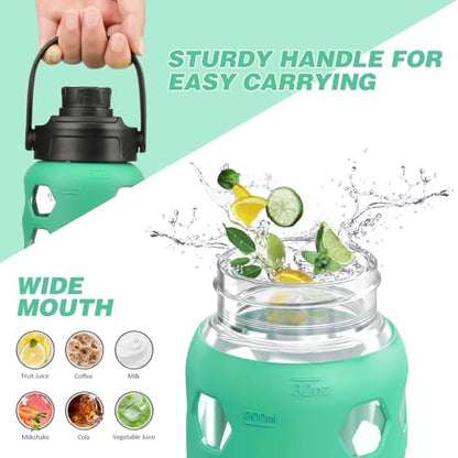 MUKOKO Glass Water Bottle, 32oz, Green | Glass Tumbler with Straw, Drinking Bottles with 2 Lids-Handle Spout Lid & Bamboo Straw Lid, Silicone Sleeve, 1 Pack - color: Green, size: 32 Ounces