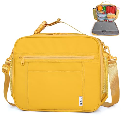 NOL Kids Lunch Bag -Kids 3+ Reusable Insulated Lunch Box with Zipper Closure Buckle Handle Adjustable Long Shoulder Strap, Easy-Clean Waterproof Fabric, Children Lunch Tote Bag for School-Earth-yellow - color: Earth-yellow, size: Horizontal (7 Liters)