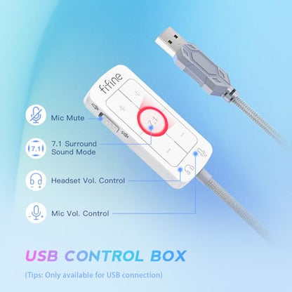 FIFINE USB PC Gaming Headset with 3.5mm Audio Jack, Detachable Microphone, 7.1 Surround Sound, Volume Control, Streaming Over-Ear Wired Headphones for Computer, PS5, Controller, Xbox-H9 White - color: White