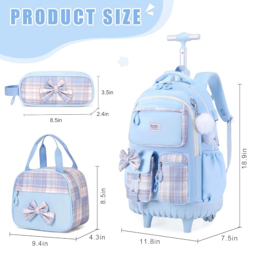 Bevalsa Rolling Backpack for Girls, Roller Backpack with Wheels, Cute Bow Plaid Wheeled School Bookbag Set with Lunch Bag & Pen Case, Suitcases for Kids Teens Elementary Middle Student (Blue) - color: Blue Plaid